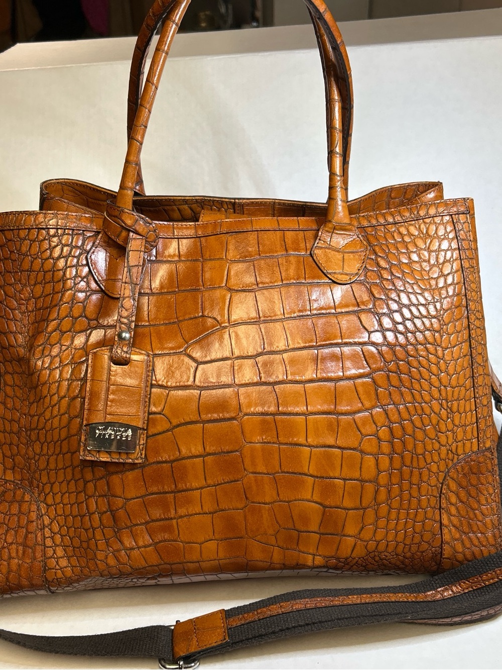 Croc-Embossed Leather Tote Bag in Cognac Brown